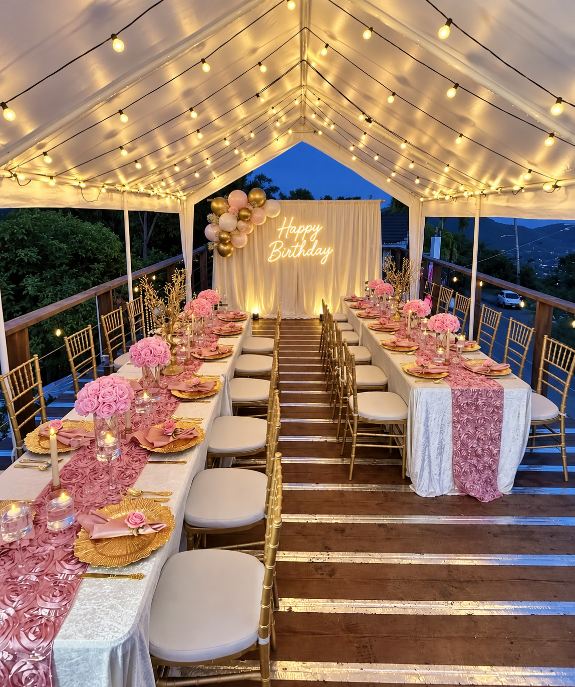 Example of the included cloth backdrop, Happy Birthday neon sign and a small balloon cluster